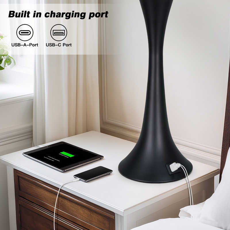 27.5" Black Bedside Table Lamps with USB & USB-C Ports, 3-Way Touch Control, Dimmable LED Bulbs Included, Black