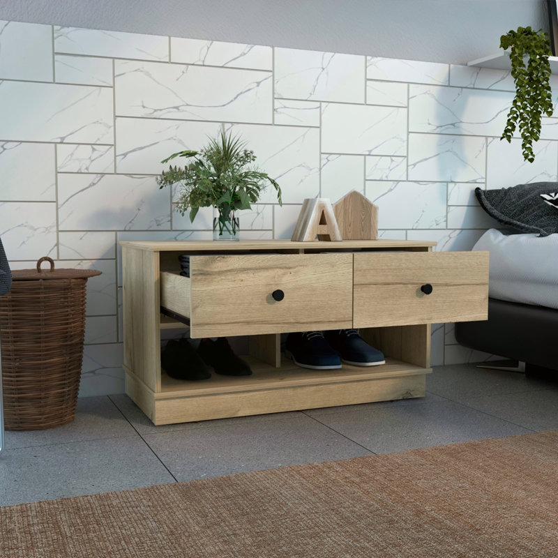 Banc de rangement Hamilton, deux tablettes ouvertes, deux tiroirs - chêne clair