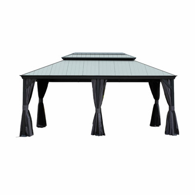 Hardtop Gazebo With Resin Roof, Outdoor Metal Gazebo With Drainage Gutters, Permanent Heavy Duty Pavilion For Patio, Backyard And Deck, Curtains And Mosquito Netting Included