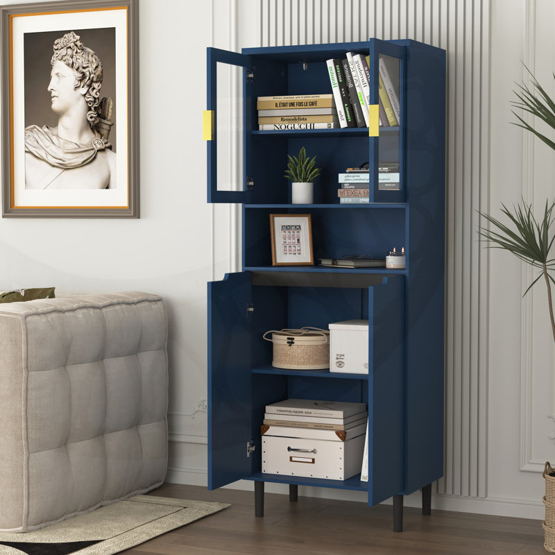Tempered Glass Door Tall Storage Bookcase with Adjustable Shelves, 4 Doors MDF Painted Cabinet for Living Room and Bedroom