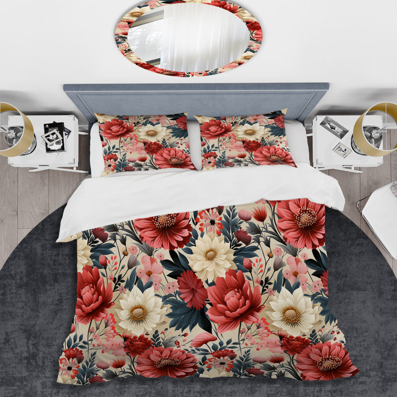 Ivoire et rouge motif floral bohème chic - ensemble de housse de couette floral - microfibre de polyester