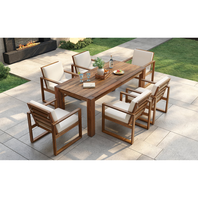 Patio Table And Chairs Set, Outdoor Dining Set For 6 With Umbrella Hole, 7 Piece Outdoor Patio Furniture Set Wood Frame With Removable Cushion For Garden, Backyard, Lawn, And Poolside