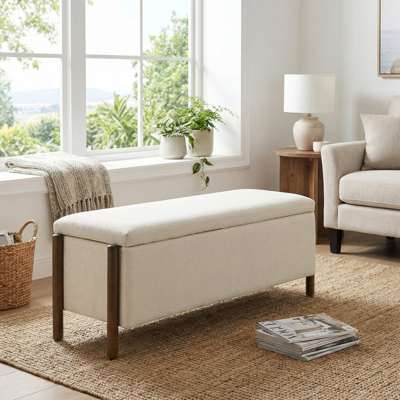 Multifunctional Chenille Storage Bench with Cylindrical Solid Wood Legs, Beige