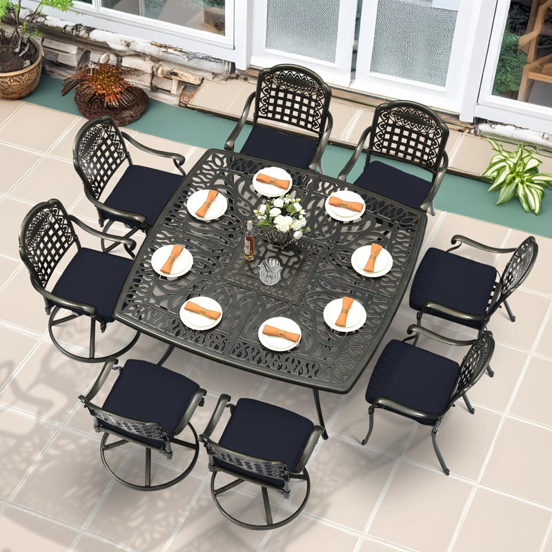 9-Piece Outdoor Patio Dining Set For 8, All Weather Cast Aluminum Patio Funiture Table And Chairs Set- Large 64" Square Table And 4 Swivel Rocker Chairs, 4 Stationary Chairs For Garden