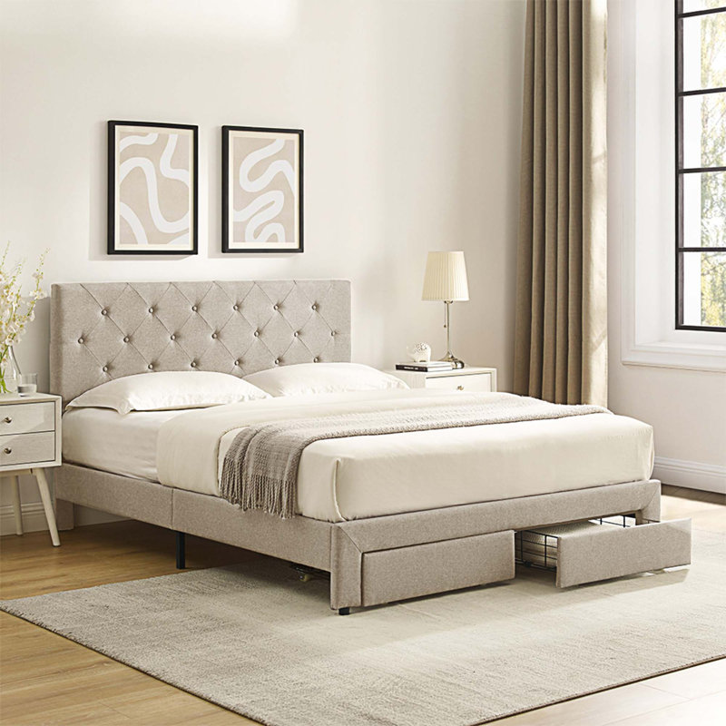 Upholstered Storage Bed, Queen, Beige