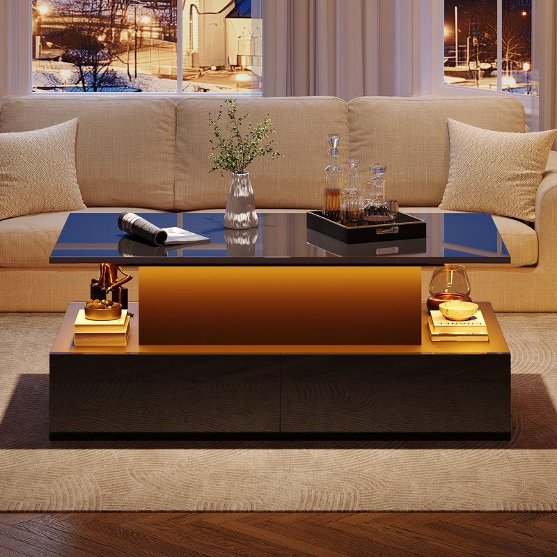 Table basse à hauteur réglable 35,4 po avec DEL et quatre tiroirs Fairmont, Noir