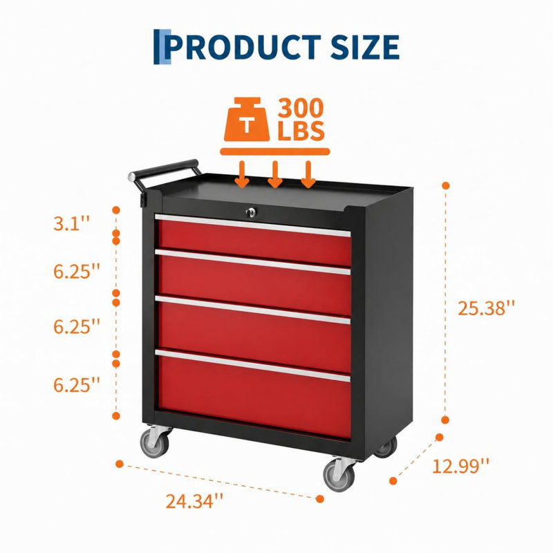 Coffre à outils roulant avec 4 tiroirs, armoire à outils portable verrouillable avec roues et tiroirs pour garage et atelier