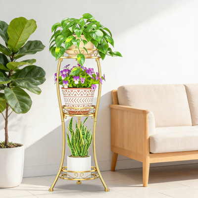 Support à plante à 3 niveaux pour plante d'intérieur et d'extérieur, support à fleurs vertical en métal robuste avec revêtement résistant à la rouille, plateaux spacieux pour les grandes plantes, support de plancher robuste