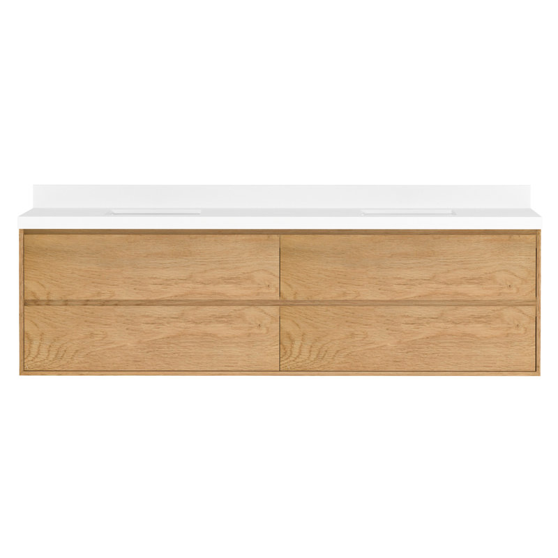 Meuble-lavabo mural double 84 po avec comptoir en pierre de quartz blanc pur et lavabos doubles en céramique
