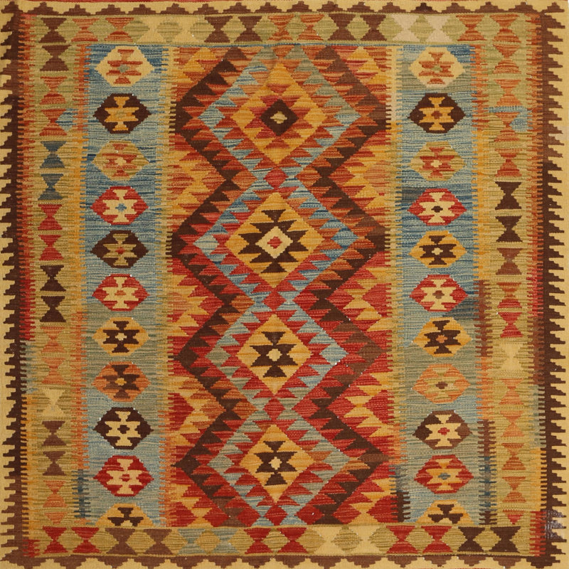 Tapis gris/rouge/crème contemporaine, Carré 4 pi