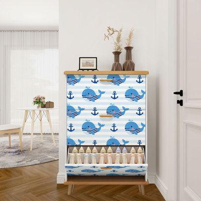 Shoe Storage Cabinet with 3 Flip Drawers for Cute Blue Whale Anchor Nautical Seamless Striped Shoe Rack Storage Organizer