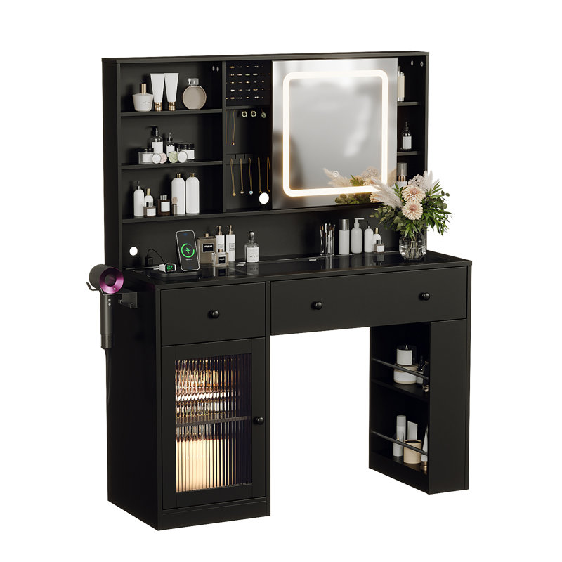 Lighted Vanity Table - LED 3-Color Touch Mirror, Glass Top, 2 Drawers, Black