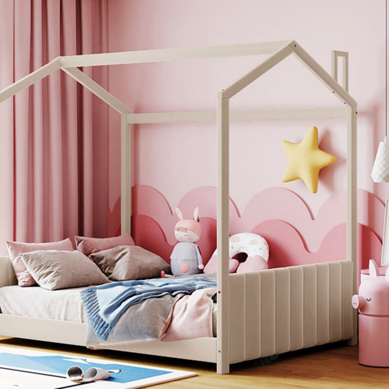 Lit double en velours avec toit et maisonnette, idéal pour un sommeil confortable et une imagination ludique., Full, Beige
