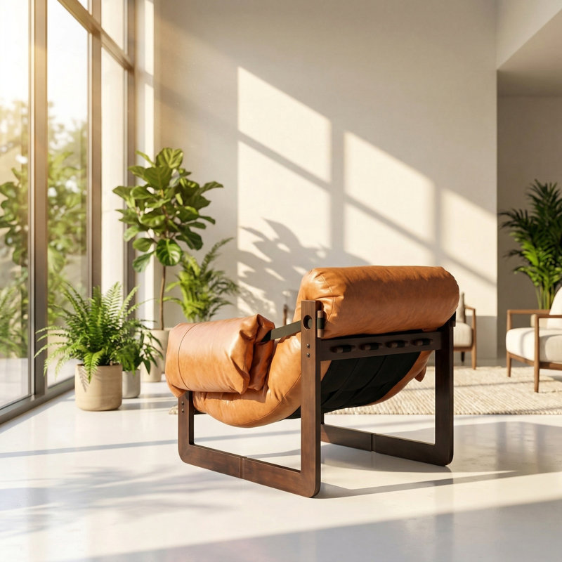 Xingzhou 33.46" W x 27.56" D x 29.52" H Rubberwood Oil Waxed Leather Lounge Chair, Orange