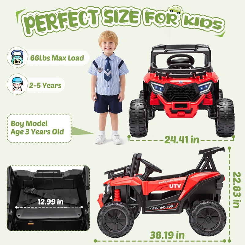 Voiture électrique tout-terrain rouge 12 V pour enfants, avec roues surdimensionnées et arceau de sécurité., Rouge