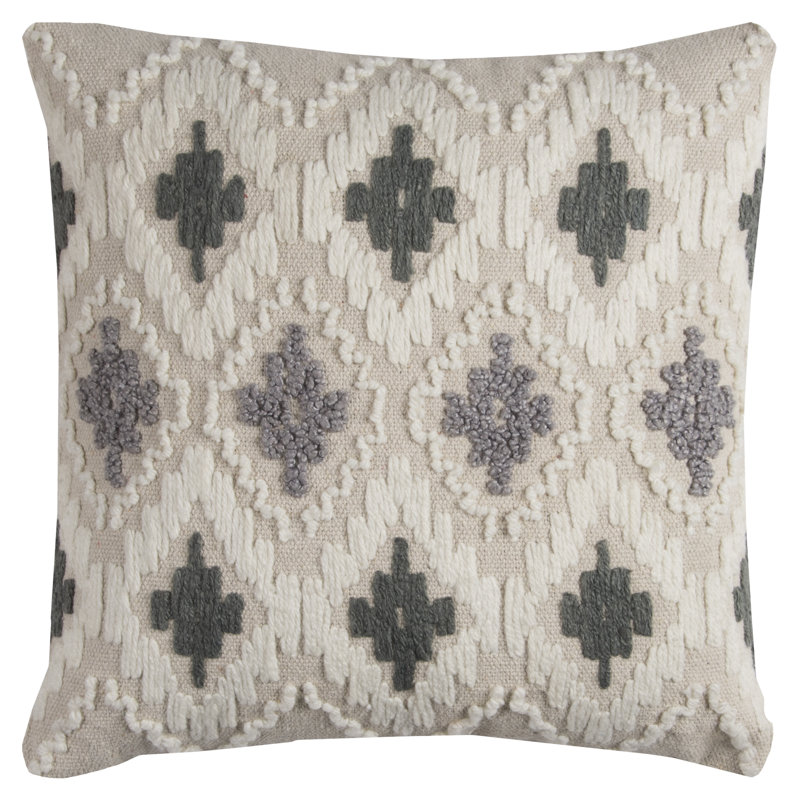 Gray and White Embroidered Cotton Ikat Throw Pillow