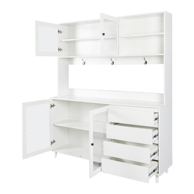 63" W Large Kitchen In White - 4 Doors, Drawers & Microwave Shelf For Pantry Storage Kitchen, Reception Room Office Cabinet Finish Garage, Trial Area
