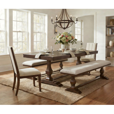 Farmhouse Dining Table Set, Rustic Solid Wood Dining Table With 2 Upholstered Chairs And 2 Benches, Antique Traditional Dining Set With T-Shaped Carve