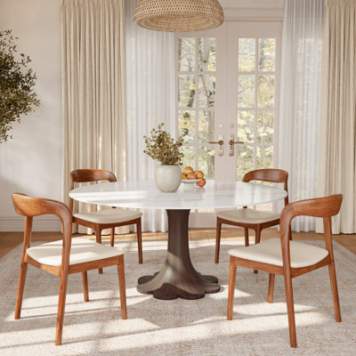 Floral-Shape Round Difranco With 2/4/6 Premium Solid Wood Leather Dining Chairs
