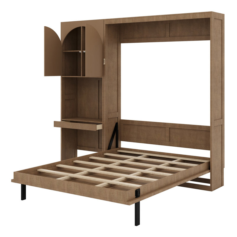 Lit escamotable à rangement multiple avec armoire latérale réversible de gauche à droite, lumières DEL et tiroirs, Noyer