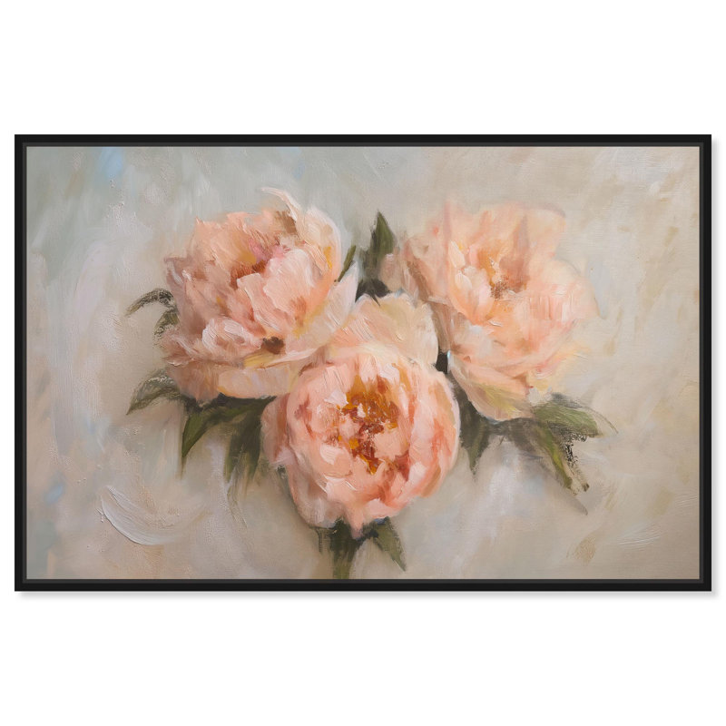 Art floral sur toile rose, Cadre flottant noir, H 31 po x l 46 po x P 1,8 po