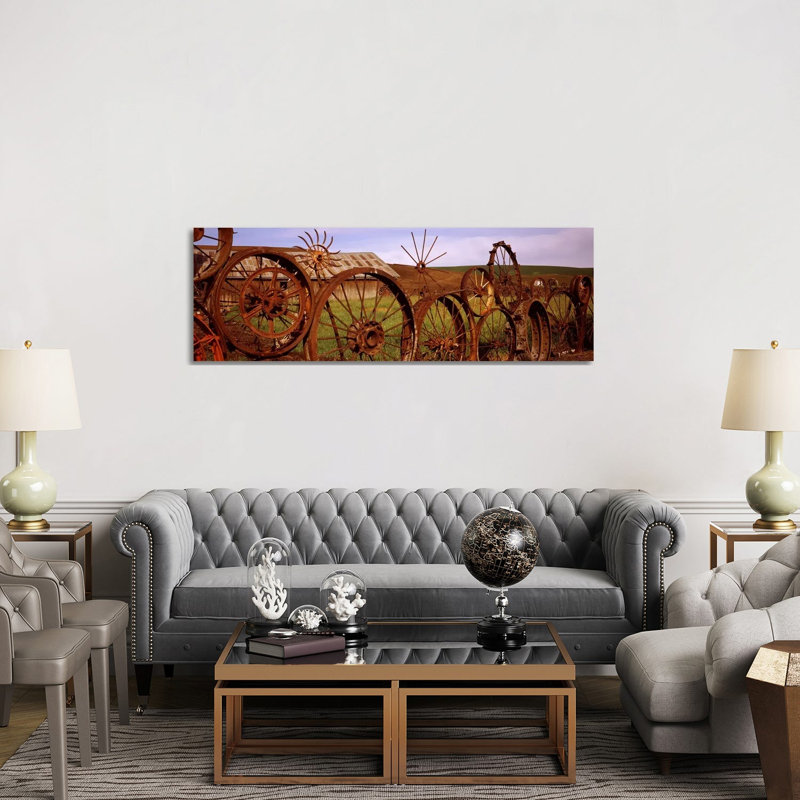Old Barn with a Fence Made of Wheels, PAlouse, Whitman County 1 Piece Wrapped Canvas Panoramic Wall Art