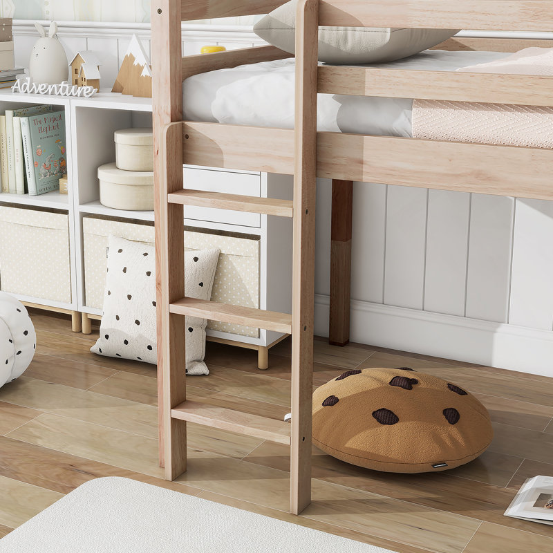 Lit simple mezzanine bas avec glissade, échelle, barrières de sécurité, lit mezzanine simple en bois d'hévéa, naturel