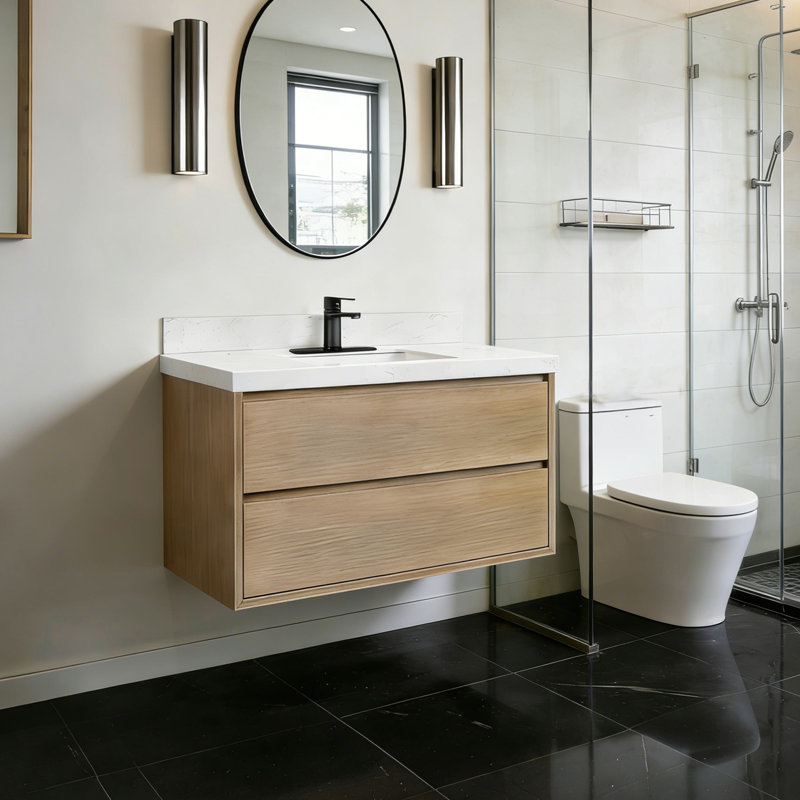 Meuble-lavabo mural simple 36 po avec plateau en pierre, Chêne naturel, 36"