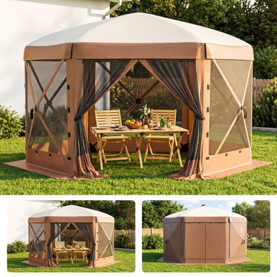 Pop Up Screen Tent Gazebo, 6-Sided Bug-Free Mesh Shelter 6 Removable Wind Cloths & Carry Bag for Patio, Brown