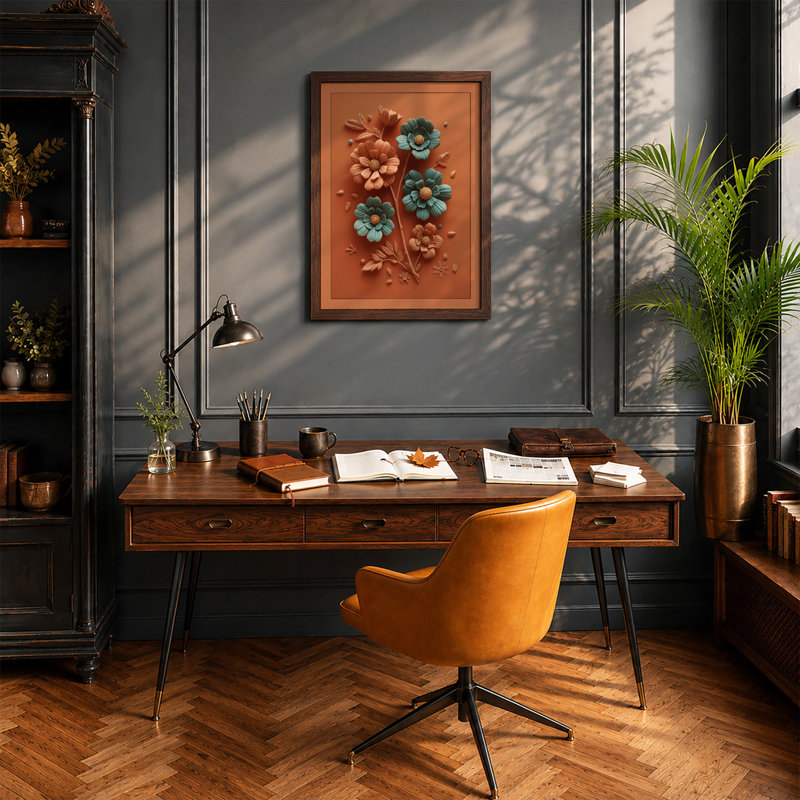 Terracotta Blooms Botanical - Framed Print, Walnut, A4 - 29.7 x 21.0 cm