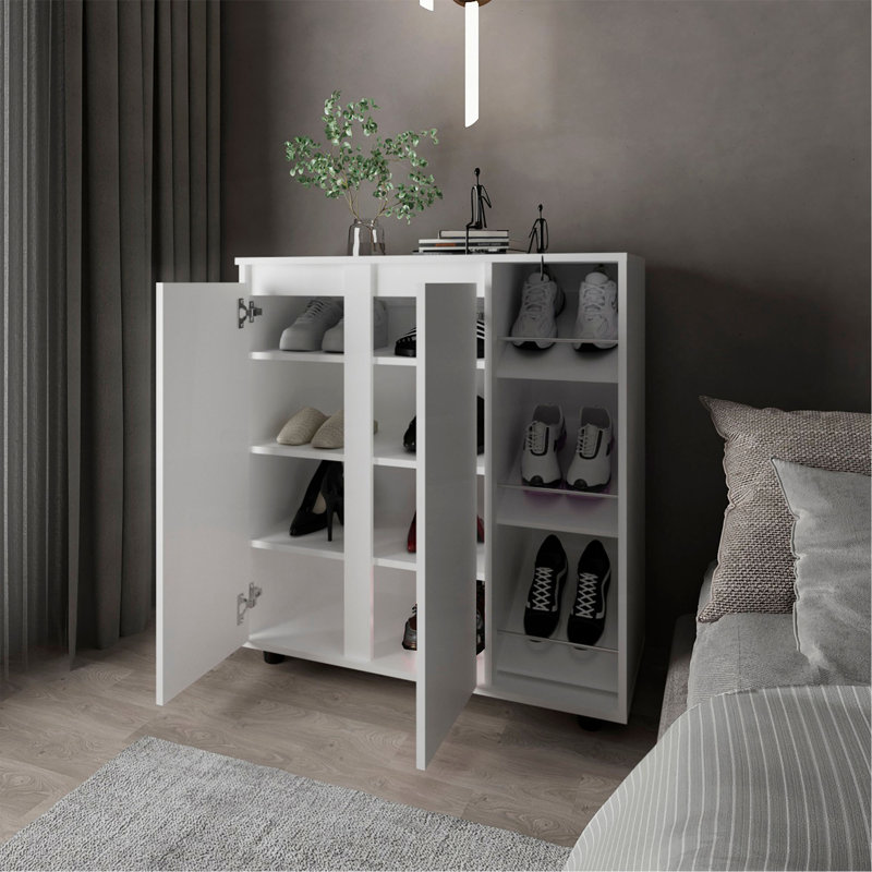 Range-chaussures Houck avec 3 tablettes latérales, rangement compact pour chaussures, bottes et accessoires, blanc
