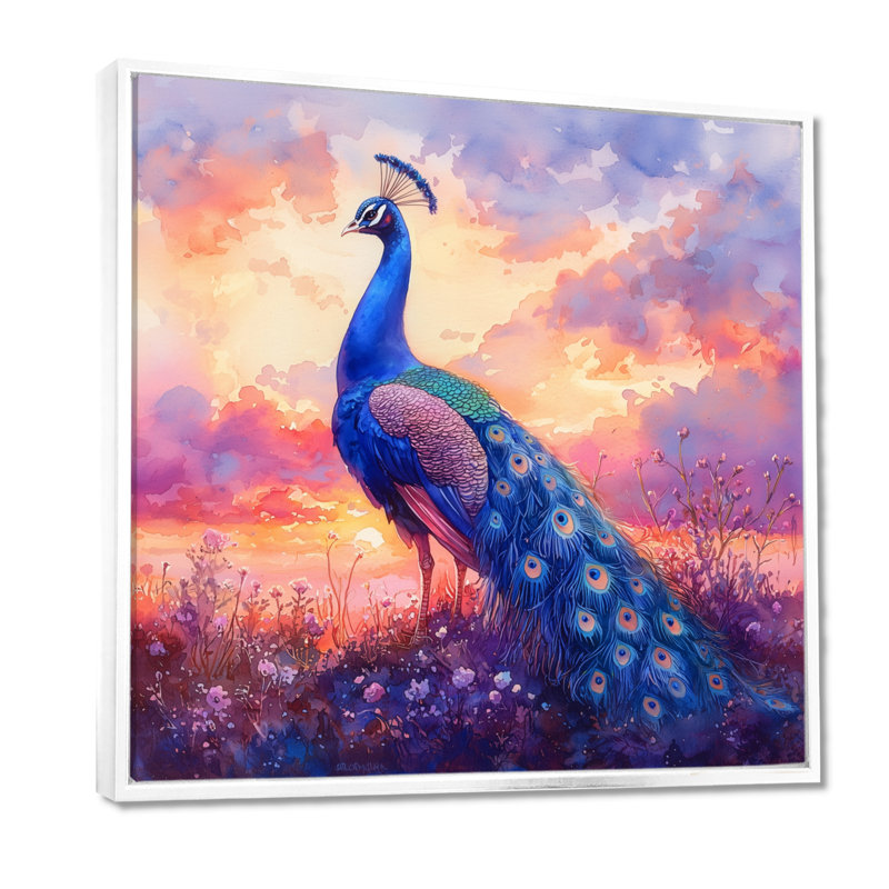 Paon à l'aube mauve II - Décoration murale animaux, Impression encadrée flottante, H 16 po x l 16 po, Blanc