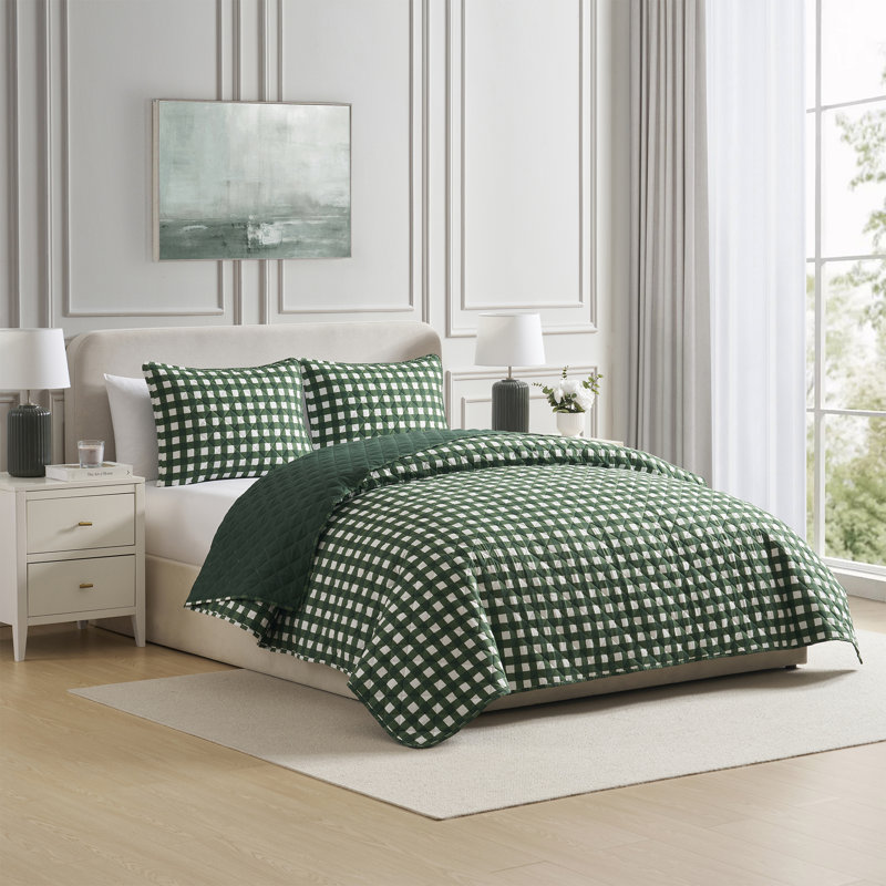 VCNY Home Gingham Microfiber Quilt Set, Twin Quilt + 1 Standard Sham, Green