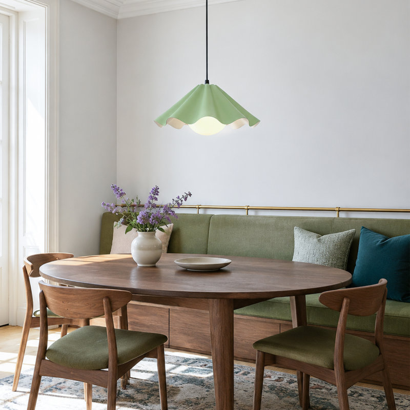 1-Light Dimmable Gray-Green Scalloped Petal Metal Pendant Light, Grey Green