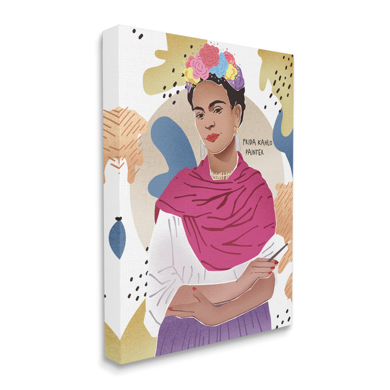 Frida Posing With Paint Brush Abstract Round Pattern - Graphic Art, Wrapped Canvas, 48" H x 36" W