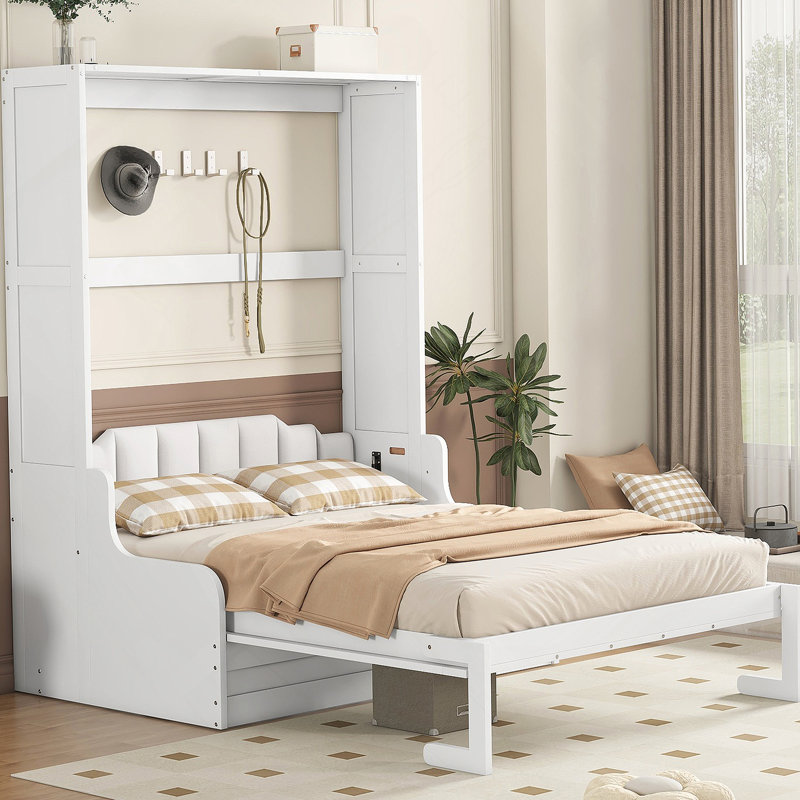 Grand lit escamotable mural avec coussin, grand lit, blanc, Blanc