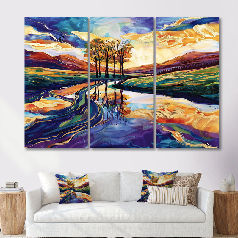 Warwickshire - ensemble de salon d'art mural paysage abstrait, Toile tendue, H 40 po x l 60 po x P 1 po