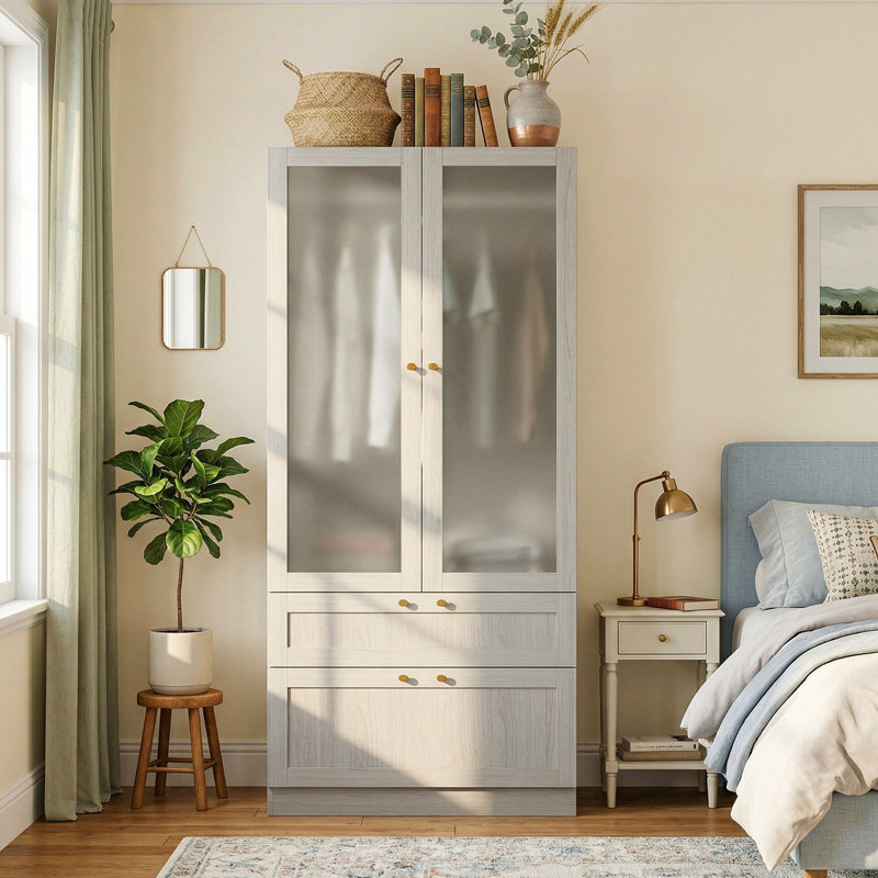 Armoire moderne de 70,9 po de hauteur, aspect bois, avec portes en verre givré, tringle et 2 grands tiroirs.
