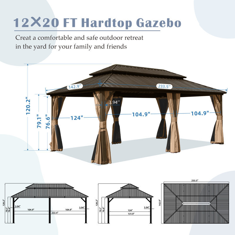 Galvanized Steel Patio Gazebo with Overhang Slope-design Double Roof, 20 ft x 12 ft, Brown