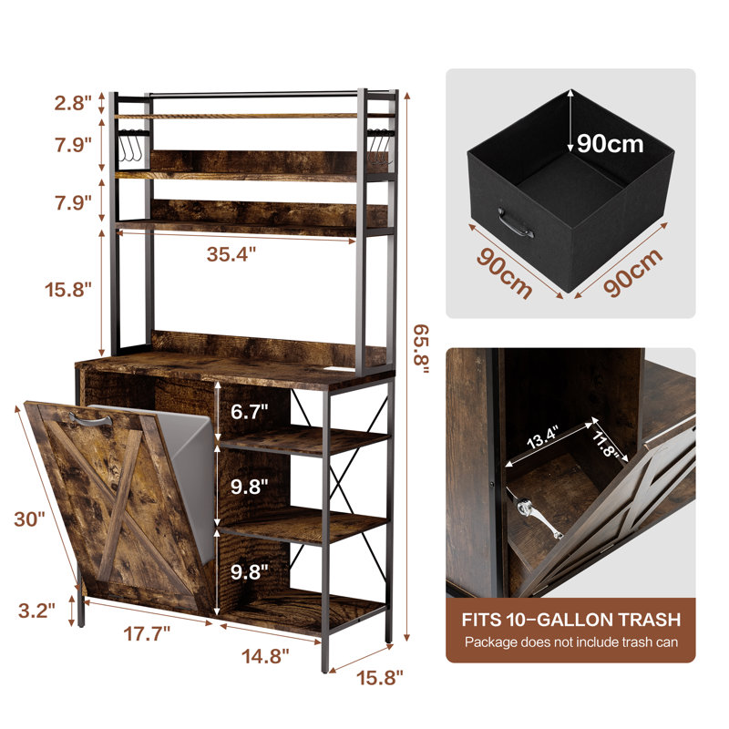 srping Kitchen Bakers Rack With Storage Drawers And Power Outlet, 65.8”Coffee Bar Cabinet With 6 Hooks, Microwave Stand With Tilt Out Trash Can Cabinet For Dining Room Living Room, Fits 10-Gallon Bins