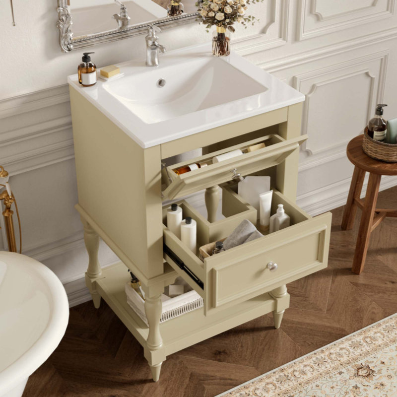 Meuble-lavabo de salle de bain avec lavabo en céramique, armoire de rangement pour salle de bain avec tablette ouverte, armoire de salle de bain rétro avec 2 tiroirs