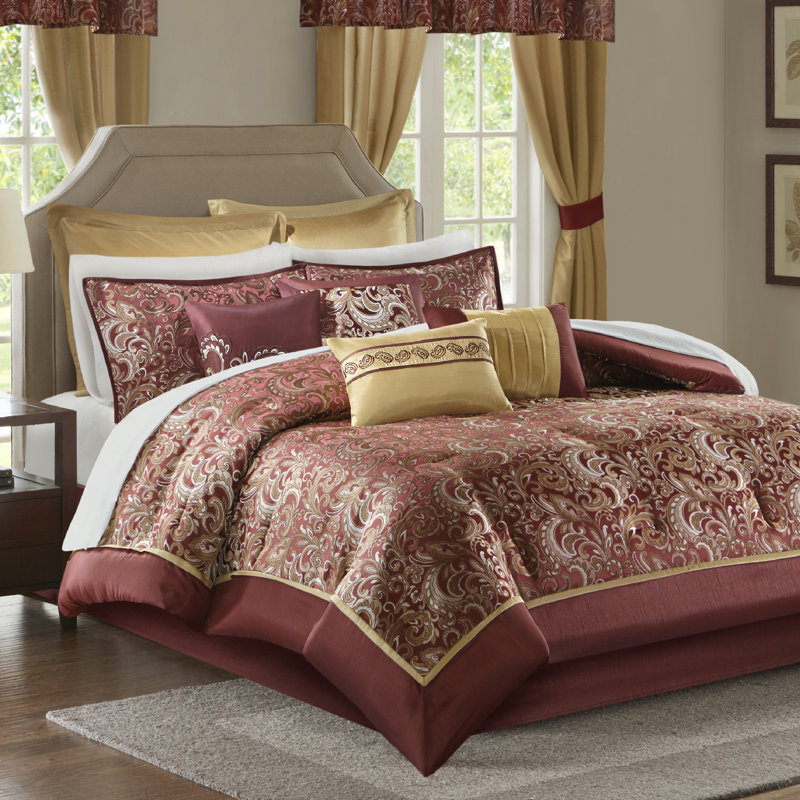 Ensemble de literie de luxe 24 pièces Brystol, Édredon très grand californien + 23 pièces supp, Rouge