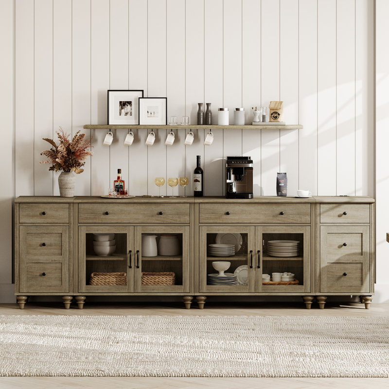 Buffet de cuisine avec 4 tiroirs et portes vitrées, style milieu du siècle avec station de recharge, gris délavé, Gris délavé