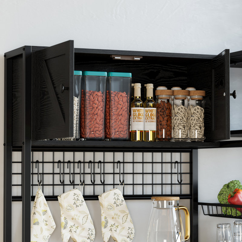 Bakers Rack With 2 Storage Cabinets And Power Outlet, 45.3 Inch Industrial Coffee Bar Cabinet Shelves, Kitchen Microwave Stand With Storage, Vintage Black