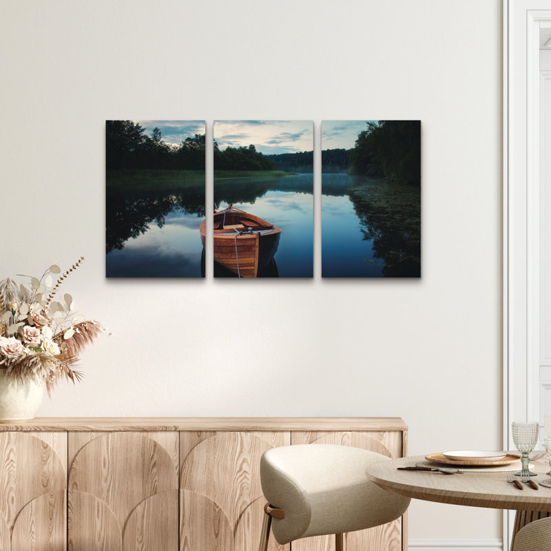 Ensemble de 3 panneaux d'art mural - Bateau dans le brouillard de Christian Lindsten, art mural pour salon, chambre à coucher ou bureau 