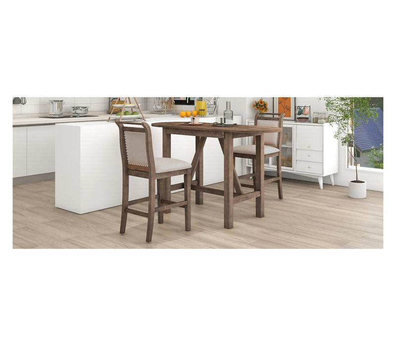 Ensemble de salle à manger à hauteur de comptoir 3 pièces avec table à abattants et chaises rembourrées, en bois d'hévéa brun Topmax