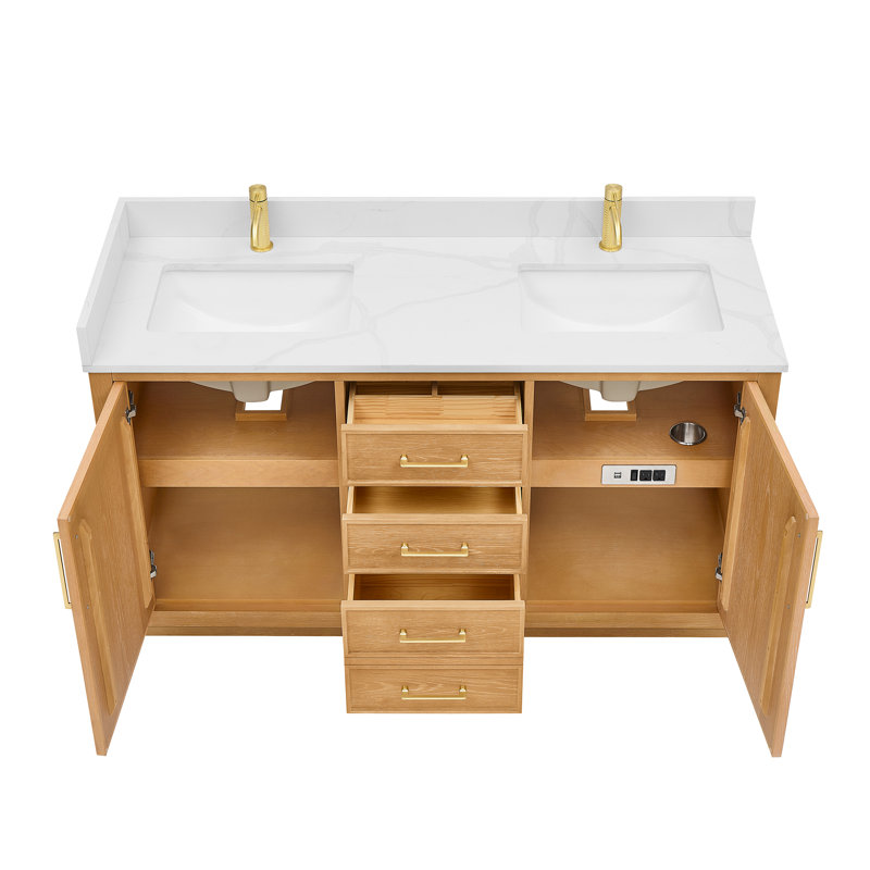Meuble-lavabo double 60 po Carrasco en chêne brun naturel avec plateau en pierre de quartz blanc soyeux, Or brossé