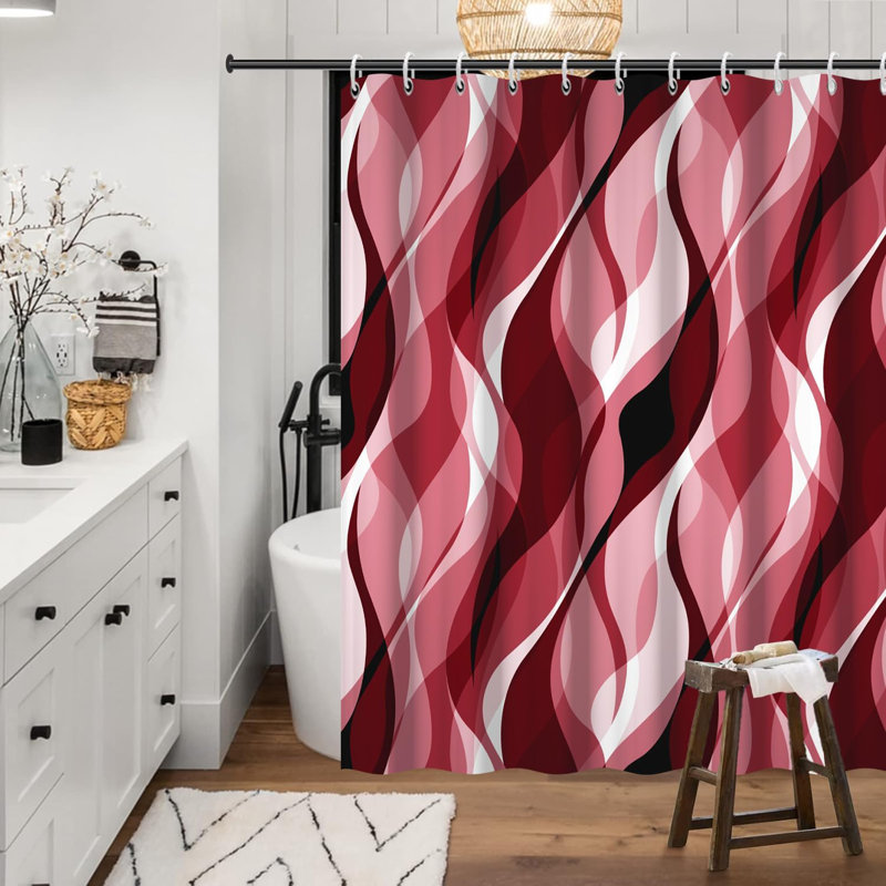 Pack of 1 Modern Abstract Black and Grey Striped Shower Curtain Set with Hooks, Red, 137.16cm W x 182.88cm L