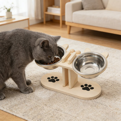 Mangeoire à bols en bois pour animaux de compagnie réglable en bois, 12,2 x 6,29 x 5,9 po, beige
