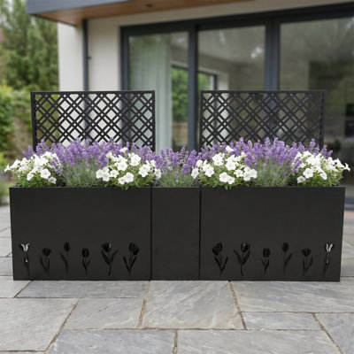 Ensemble de jardinières en métal 3 pièces avec treillis, lits de jardin surélevés modernes, découpe de tulipe, profondeur réglable, noir